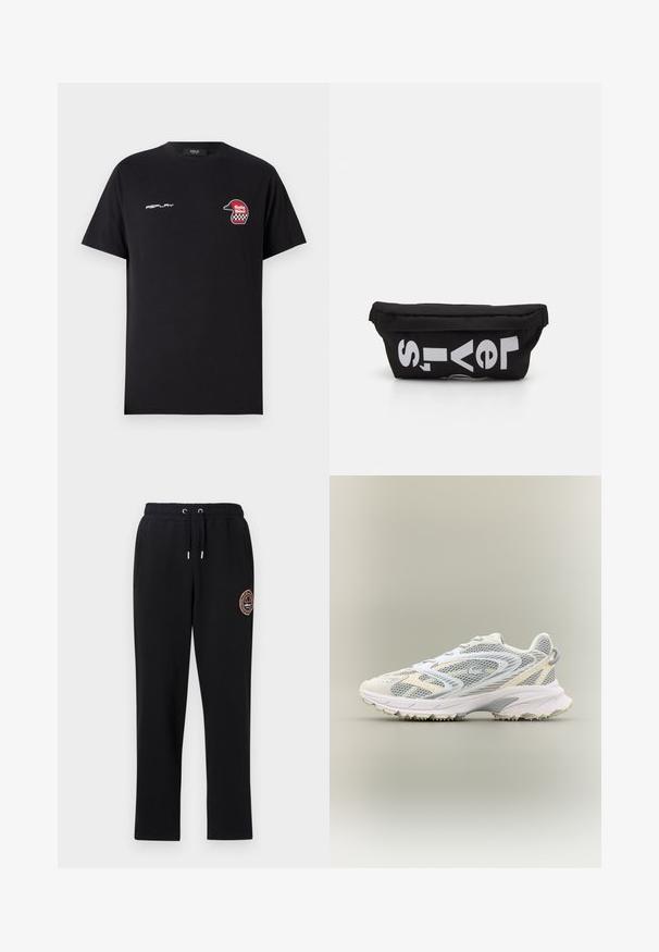 Replay SHORT SLEEVE GRAPHIC - Camiseta estampada - black; Pantalones de chándal negros con cintura elástica y cordón, dos bolsillos laterales y un detalle de logo bordado en el muslo izquierdo. Tejido suave y elástico.; Zapatilla deportiva blanca con paneles de malla gris, superposiciones texturizadas, un collar acolchado y una suela de goma con pequeños picos de tracción.; Bolsa de tela negra con forma plana, que presenta texto blanco en negrita. El cierre de cremallera se encuentra en la parte superior, con un detalle de asa en un lado.