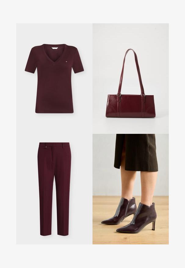 Kortemouw, donker bordeauxrode V-hals shirt met klein geborduurd logo op de linkerborst, weergegeven op een eenvoudige lichte achtergrond.; Formele rechte broek in donker bordeaux met riemlussen en een verborgen sluiting aan de voorkant.; Bordeaux leren enkel laarzen met een spitse neus en slanke hak. Beschikt over een zijrits en een gladde, glanzende textuur.; Bourgondische handtas van glanzend materiaal, rechthoekige vorm, met twee schouderbanden en subtiele gebogen accenten aan de voorkant.