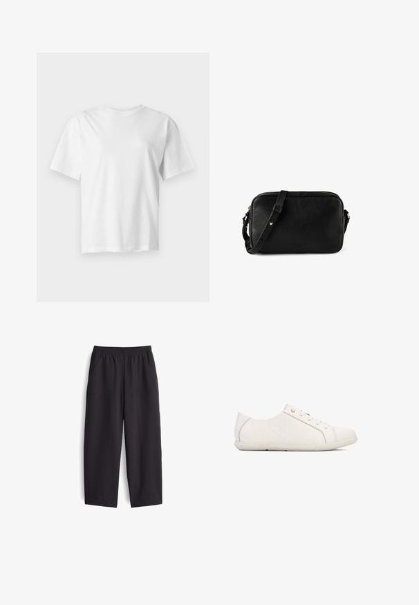 Schlichtes weißes Kurzarm-T-Shirt mit Rundhalsausschnitt, flach auf einem hellgrauen Hintergrund dargestellt.; Schwarze, weit geschnittene Hosen aus glattem Stoff. Mit elastischem Bund und zwei Seitentaschen, versehen mit sichtbaren Nähdetails.; Weiße Sneakers mit strukturierter Oberfläche, Schnürdesign, abgerundeter Spitze und Branding an der Seite. Verfügen über dezente Nähte und eine Gummisohle.; Schwarze texturierte Leder-Umhängetasche mit verstellbarem Riemen und Reißverschluss oben, rechteckige Form, vorne mit Markenlogo.