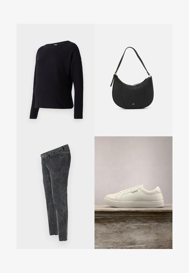 Must mustriga nööbiga kampsun, millel on teemandi tekstuur, ümmargune kaelus ja lõtv paigutus. Kangas tundub pehme ja kergelt tekstureeritud.; MAMALICIOUS Slim fit Mid waist Raw hems - Liibuvad teksad - grey denim; Valge nahast toss, millel on paelad, hõljub puidust pingil, taustal on blurred kõrge rohelise muru õues.; Must läikivast mustast nahast käsipastest, millel on kumer kuju, tekstuuriga pind, eesmine õmblus ja kuldse tooni logo. Varustatud ühe reguleeritava rihmaga.