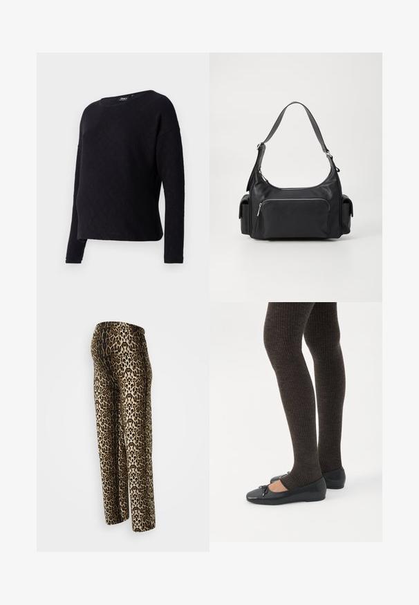 Suéter negro de manga larga con un patrón texturizado en forma de diamante, escote redondo y ajuste holgado. La tela parece suave y ligeramente texturizada.; Pantalones de estampado de leopardo, con una textura suave, cinturilla elástica y corte relajado. Los colores incluyen beige, marrón y negro.; Piernas con leggings oscuros acanalados combinados con bailarinas negras que presentan pequeños detalles de lazo sobre un fondo blanco.; Bolso de hombro de cuero negro con forma redondeada, bolsillo frontal con cremallera y bolsillos laterales dobles. Cuenta con una sola correa ajustable.