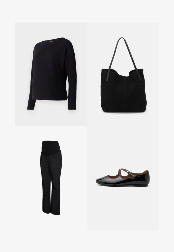 Suéter negro de manga larga con un patrón texturizado en forma de diamante, escote redondo y ajuste holgado. La tela parece suave y ligeramente texturizada.; Pantalones de maternidad negros con una pretina alta y elástica, diseño de pierna recta y textura suave. Sin patrones visibles ni detalles de herrajes.; Zapato plano Mary Jane de charol negro con dos recortes y una correa con hebilla dorada sobre fondo blanco.; Bolso de mano de ante negro con dos correas de cuero largas y planas. Presenta un borde superior curvado y costuras visibles en la parte frontal. Sin acentos de metal.