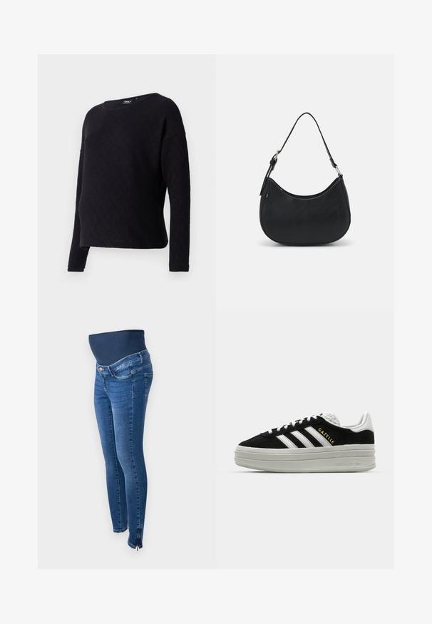 Schwarzer langärmeliger Pullover mit einem diamantförmigen Strukturmuster, runder Ausschnitt und lockerer Passform. Der Stoff wirkt weich und leicht strukturiert.; Schwangerschaftsjeans aus dunkelblauem Denim. Slim Fit mit einem dehnbaren, unterstützenden Bauchband. Mit seitlichen Reißverschlüssen an den Knöcheln.; Schwarze Wildleder-Sneaker mit weißen Lederakzenten, drei weißen Streifen, flachen Schnürsenkeln und einer dicken grauen Plateausohle. Goldenes "Gazelle"-Branding.; Schwarze Hobo-Tasche aus glattem Leder mit einer geschwungenen Silhouette, ausgestattet mit einem einzelnen verstellbaren Trageriemen und minimalistischem Design.