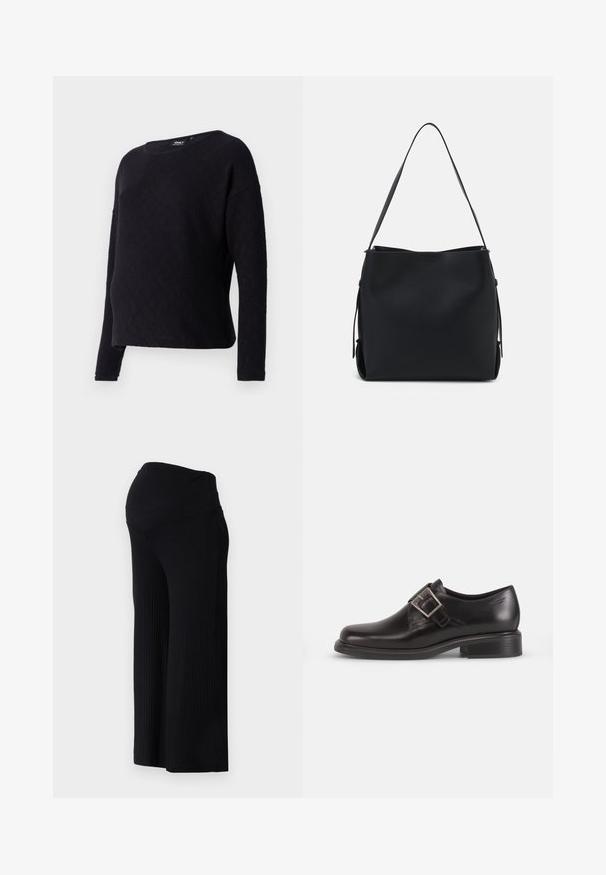 Suéter negro de manga larga con un patrón texturizado en forma de diamante, escote redondo y ajuste holgado. La tela parece suave y ligeramente texturizada.; Pantalones anchos de canalé negros con una cintura alta. La tela es suave y elástica, creando un ajuste relajado a lo largo de las piernas.; Zapato de vestir de cuero negro con punta redondeada, detalle de hebilla lateral y suela texturizada, sobre un fondo blanco liso.; Pieces PCBONY - Bolso de mano - black