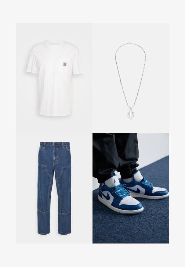 Hvid bomulds T-shirt med korte ærmer, en brystlomme, og et lille firkantet logo patch i orange og hvid på lommen.; Blå denim jeans med lige ben, frontlappelommer og kontrasterende syninger. Stoffet har en klassisk tekstur og finish.; Nike Air Jordan sneakers har en hvid læderbase med blå syntetiske detaljer, en perforeret tåboks og blå snørebånd.; Sølv halskæde med forlængede led og en vedhæng med et dollartegn, accentueret med klare krystaller.