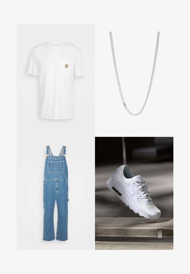 Weißes Baumwoll-T-Shirt mit kurzen Ärmeln, einer Brusttasche und einem kleinen quadratischen Logopatch in Orange und Weiß auf der Tasche.; Jeanslatzhosen in Hellblau mit verstellbaren Trägern, einer Vorderasche und Seitentaschen. Lockere Passform mit geraden Beinen, aus Baumwollstoff gefertigt.; Weiße Nike Air Max 90 Sneaker mit einem Obermaterial aus Mesh und Leder, durchlässigem Zehenbereich und einer sichtbaren Air-Einheit in der Ferse.; Silberne Kettenhalskette mit ineinandergreifenden Gliedern, glatter Textur und einheitlicher rechteckiger Form. Sicherer Verschluss.