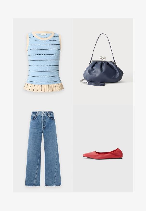 Haut sans manches en tricot bleu clair avec fines rayures horizontales noires, bordure beige au niveau de l'encolure et des emmanchures, et ourlet à volants beige.; Jean en denim bleu à jambe large avec taille haute, fermeture à bouton et poches avant. Le tissu a une texture subtile et une finition décolorée.; Filippa K REY FLATS - Ballerines - bright red; Sac à main en cuir bleu marine doux avec fermeture à boucle argentée, une seule bandoulière, et une chaîne de poignet amovible sur fond blanc.
