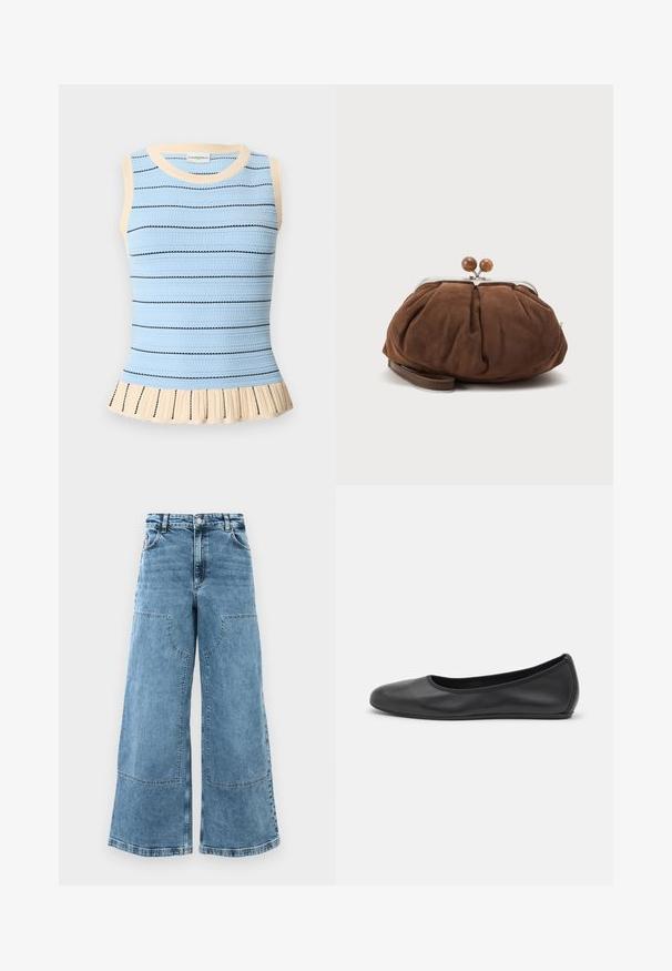 Haut sans manches en tricot bleu clair avec fines rayures horizontales noires, bordure beige au niveau de l'encolure et des emmanchures, et ourlet à volants beige.; Jean en denim bleu clair à jambes larges avec une taille haute, de grandes poches avant et des coutures visibles. Dispose d'un design classique à cinq poches.; Ballerines en cuir noir avec un bout rond, texture lisse, détails de couture minimalistes et design de semelle flexible.; Petit sac poignet en daim marron doux avec cadre en métal argenté et boules rondes marron de fermeture sur fond clair uni.