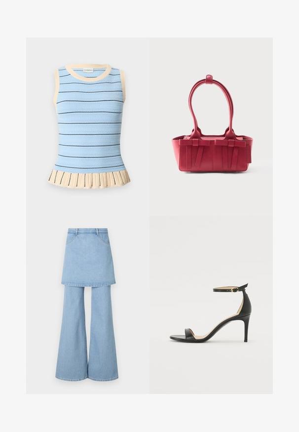 Mouwloos lichtblauw gebreid topje met dunne zwarte horizontale strepen, beige biezen bij de halslijn en armgaten, en een beige gerimpelde zoom.; Denim rok-broek hybride, met lichtblauwe stof, uitlopende pijpen en zichtbare stikdetails. Ontworpen met voorzakken en een tailleband.; Zwarte leren hoge hak sandaal met enkelbandje. Heeft een gladde textuur, open teen en een dunne hak. Gouden gesp detail.; Rode leren handtas met twee bovenhandvatten, decoratieve strikken aan de voorkant en een label aan de zijkant tegen een witte achtergrond.