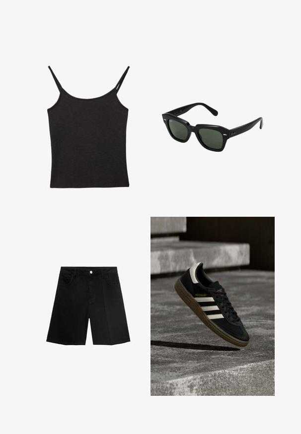 Sort ribstrikket camisole top med tynde dobbelte skulderstropper og en lige halsudskæring, lagt fladt på en hvid baggrund.; Sorte denim shorts med lige snit, fem lommer og sølvfarvet knaplukning. Glat tekstur med minimal syning.; Sort Adidas-sneaker med hvide striber og gummisåler, svævende over grå betontrapper i naturligt lys.; Sorte firkantede solbriller med mørkegrønne linser, der har kraftige stel og sølvdetaljer på siderne. Fremstillet i Italien.