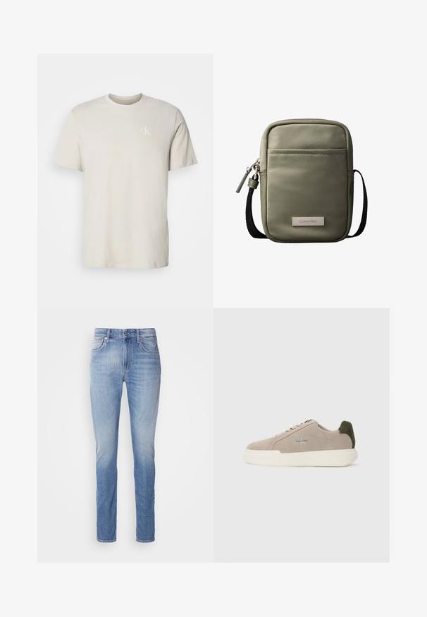 Camiseta beige de algodón con cuello redondo y mangas cortas, con pequeño logo blanco "cK" en el lado izquierdo del pecho.; Jeans de mezclilla azul claro con corte recto, que presentan una cintura de altura media, cinco bolsillos y un ligero desgaste en la tela.; Zapatillas de piel de ante beige con suela de goma blanca, que presentan un acento en el talón de color verde oscuro y un sutil logo en el lateral.; Bolso bandolera compacto verde oliva con bolsillo frontal, correa negra ajustable, cierre de cremallera y placa con el logo de Calvin Klein.