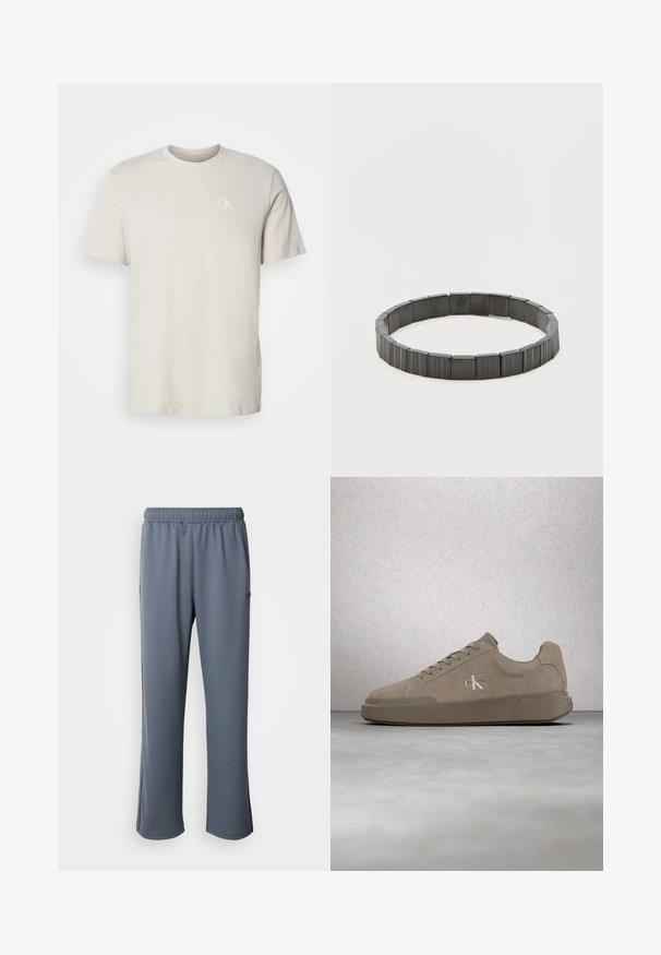Beige kortærmet T-shirt i bomuld med rund hals og lille hvidt "cK"-logo på venstre bryst.; Grå sweatpants med elastisk talje, sidelommer og en afslappet pasform. Fremstillet af blødt stof med en glat tekstur og uden synlige mønstre.; Beige ruskind sneakers med snørebånd og "ck" logo, vist svævende over poleret beton gulv med glasblokvæg i baggrunden.; Sort elastisk armbånd lavet af segmenterede rektangulære perler. Perlerne har en glat tekstur og en poleret finish, hvilket skaber et ensartet udseende.