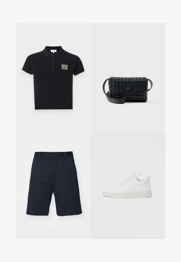 Sort kortærmet polo med tre knapper og et lille beige "Maison Kitsuné" logo-mærke på venstre bryst.; Sorte shorts lavet af et glat stof, med flad front, bæltestropper og knælangt design uden synlige mønstre eller hardware.; Hvid lædersneaker med rundet tå, flad sål og snørebånd foran. Har syningsdetaljer og polstret krave for komfort.; Sort tekstureret crossbodytaske med klaplukning og et lille metallogo foran, vist mod en ensfarvet baggrund.