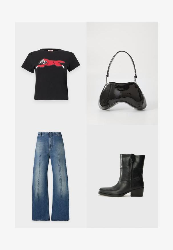 Μαύρο κοντομάνικο crop top με γραφικό ενός στυλιζαρισμένου κόκκινου αλεπού που πηδά με λευκά δόντια και πατούσες στο στήθος.; Τζιν denim μπλε με ψηλή μέση, φαρδιά μπατζάκια, έντονες μπροστινές ραφές, ξεθωριασμένο ξέπλυμα και χωρίς ορατές τσέπες, σε λευκό φόντο.; Μαύρη δερμάτινη μπότες αστραγάλου με στρογγυλή μύτη, τετράγωνη φτέρνα, πλαϊνό φερμουάρ και ραφές στη μύτη. Ομαλή υφή, κλασικός σχεδιασμός.; Μαύρη λαμπερή δερμάτινη τσάντα με μοναδικό καμπυλωτό σχήμα, κοντό ρυθμιζόμενο χερούλι και επάνω με φερμουάρ. Λείο υλικό με διακριτική σήμανση.