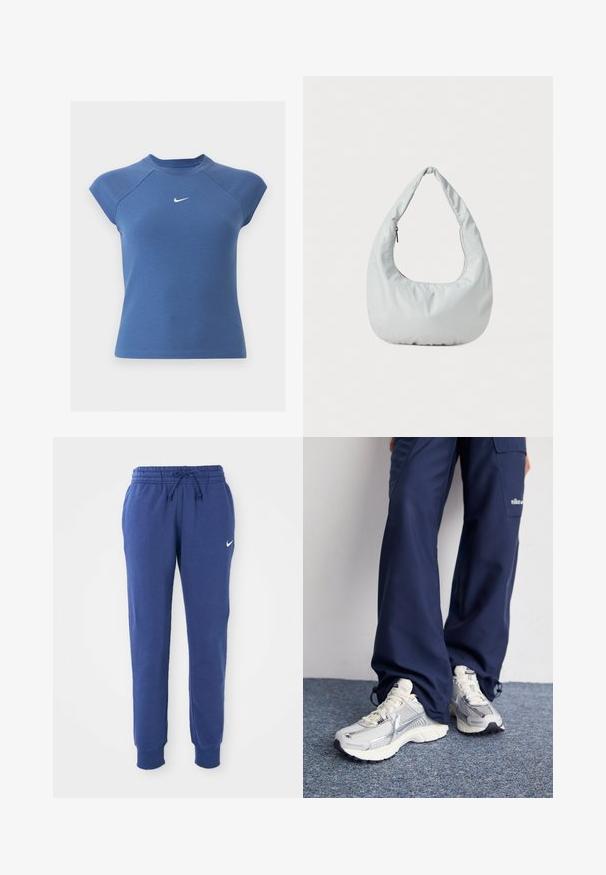Blaues kurzärmeliges, geripptes Stricktop mit Rundhalsausschnitt und weißem Nike Swoosh-Logo mittig auf der Brust.; Blaue Nike-Sweatpants mit elastischem Bund, Kordelzug, Bündchen an den Knöcheln und weißem Nike-Swoosh-Logo am linken Oberschenkel.; Nike Sportschuhe mit einem silbernen Mesh-Obermaterial, weißen Akzenten und strukturierten Sohlen, kombiniert mit locker sitzenden marineblauen Hosen.; Weiche, hellgraue Hobo-Tasche aus synthetischem Material. Verfügt über einen gepolsterten Tragegriff und ein seitliches Reißverschlussfach.