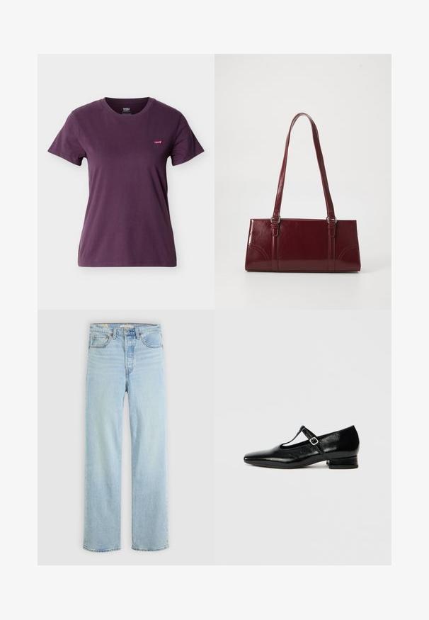 Lila T-Shirt mit Rundhalsausschnitt und kurzen Ärmeln, mit kleinem rotem Levi’s Logo-Tag auf der linken Brust.; Hellblaue Jeans aus Denim mit geradem Bein, ausgestattet mit fünf Taschen, einem klassischen Reißverschluss und sichtbaren Nähthighlights.; Schwarze Mary Jane Schuhe aus Leder mit spitzer Spitze, kleinem Blockabsatz und verstellbarem Riemen mit silberner Schnalle. Glatte, glänzende Textur.; Burgunderfarbene Handtasche aus glänzendem Material, rechteckige Form, mit zwei Schulterriemen und subtilen, geschwungenen Akzenten an der Vorderseite.