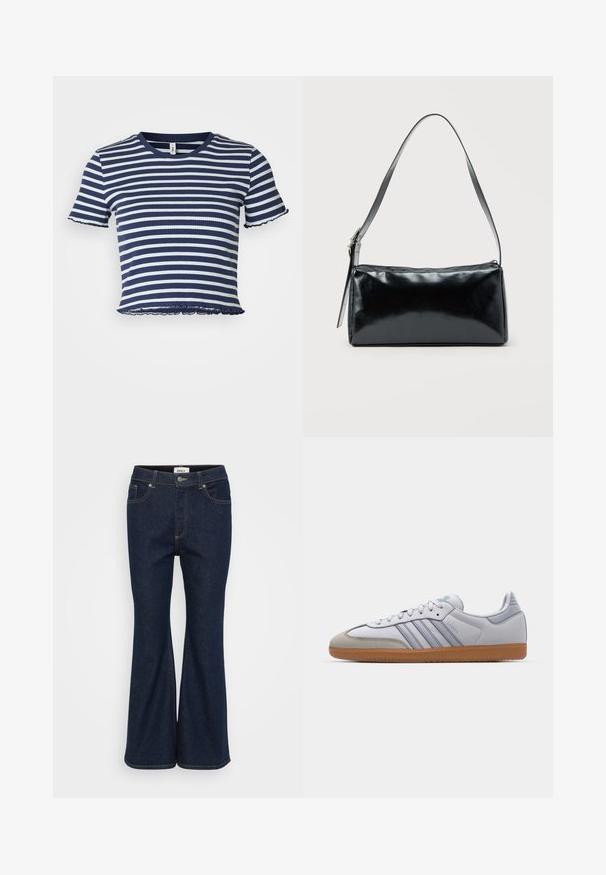 ONLY Petite ONLMETTI BOX - Tričko s potlačou - naval academy/cloud dancer; Tmavomodré rozšírené džínsy vyrobené z denimu, s klasickým návrhom piatich vreciek, kontrastným šitím a bronzovým zapínaním.; Biele kožené tenisky s svetlomodrými akcentmi, sivým semišovým špičkou a hnedou gumovou podrážkou. Obsahujú tri modré pruhy a branding "Samba".; Čierna obdĺžniková kabelka na rameno s jedným nastaviteľným remienkom a horným zipsom na jednofarebnom pozadí.