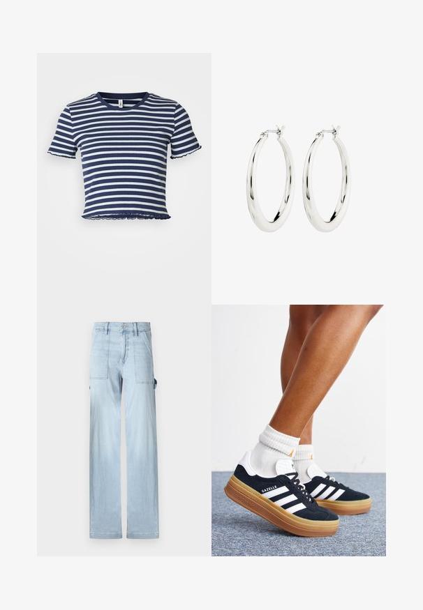 ONLY Petite ONLMETTI BOX - Trükipildiga T-särk - naval academy/cloud dancer; Heledad sinine teksapüksid sirge lõikega, ees- ja küljetaskutega. Kanga pinnal on peent pleekinud tekstuuri.; Jalad valgete sokkide ja mustade Adidas Gazelle tossudega, millel on valged triibud ja paksud pruunid tallad, halli vaibaga põrandal.; Hõbedased rõngaskõrvarõngad siledast ja läikivast viimistlusest. Ringikujuline, sisaldab kindlat kinnitust. Lihtne ja elegantne disain.