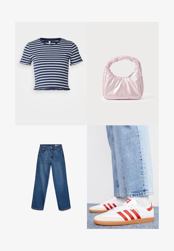 ONLY Petite ONLMETTI BOX - Camiseta estampada - naval academy/cloud dancer; Vaqueros azules de pierna recta con botón y cremallera delanteros, cinco bolsillos y detalles sutiles de desgaste en los muslos.; Zapatillas de cuero blancas con rayas y detalles rojos. Cuentan con una suela de goma texturizada y un collar acolchado. Llevadas con denim azul claro.; Bolso de mano acolchado en color rosa con un diseño redondeado, fabricado en material brillante. Presenta un asa fruncida y un cierre de cremallera para un acceso seguro.