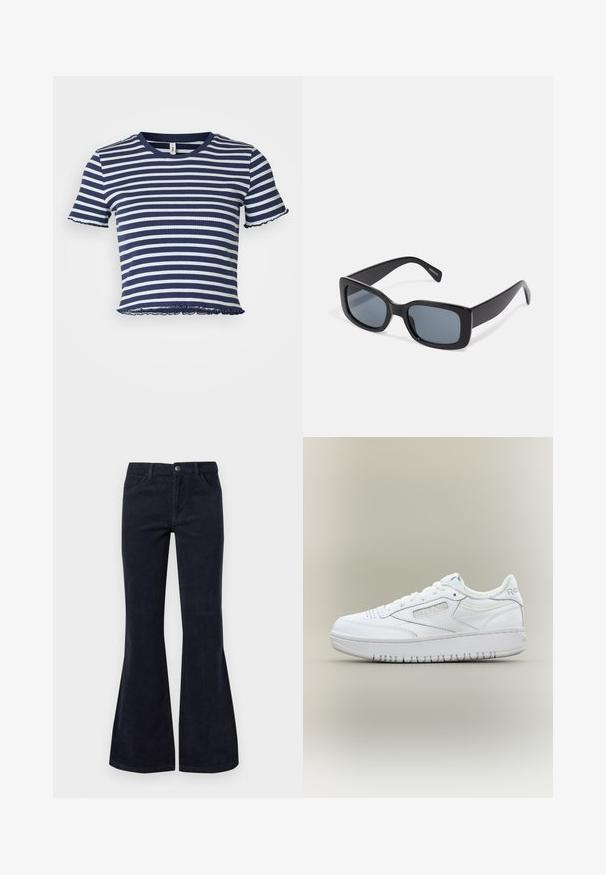 ONLY Petite ONLMETTI BOX - T-shirts print - naval academy/cloud dancer; Flarede mørkeblå kordfløjspants har høj talje, fem lommer og knaplukning, med en blød tekstur og ribbet overflade.; Hvid Reebok lav-tær sneakers med snørelukning, perforeret tå, mærket sidepanel og tyk sål på neutral baggrund.; Sorte rektangulære solbriller med mørkt tonede linser, tyk plastramme og brede stænger. Glat overflade og kantet design.