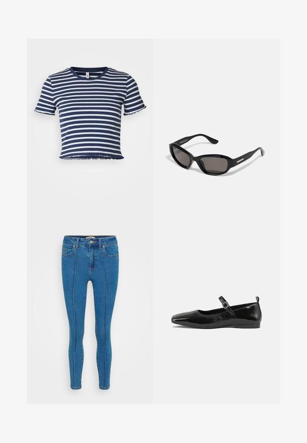 ONLY Petite ONLMETTI BOX - T-shirts print - naval academy/cloud dancer; Blå denim skinny jeans har et højt liv, forlommer og kontrasterende syninger langs sømmene. Overfladen er glat.; Sorte patentlæder flade sko med spidse tæer, en ankelrem med spænde og en glat, blank tekstur. Lav hæl for komfort.; Sorte solbriller med rektangulært stel, mørke linser, glat plastmateriale og en metalaccent på templet.