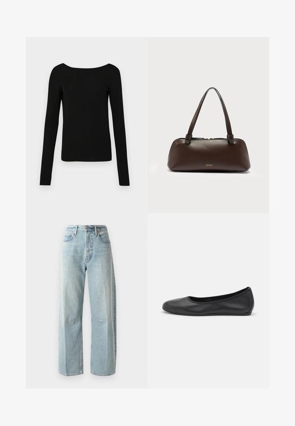 Sort langærmet top med bred halsudskæring, tætsiddende design og glat tekstur. Ingen mønstre eller hardware synlige.; Lyseblå vide jeans lavet af denim. Har en høj talje, to forlommer og en lige benlængde med let fading i stoffet.; Sort læderballetsko med rund tå, glat tekstur, minimal syning og et fleksibelt såldesign.; Mørkebrun rektangulær læderhåndtaske med to skulderstropper og guldfarvet "NEOUS"-logo foran mod en hvid baggrund.