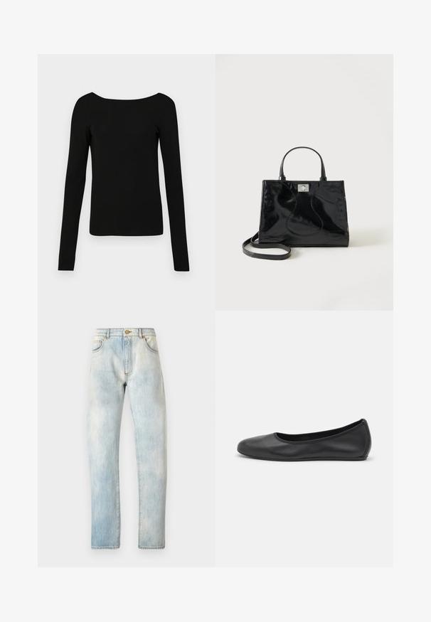 Sort langærmet top med bred halsudskæring, tætsiddende design og glat tekstur. Ingen mønstre eller hardware synlige.; Lyseblå denimjeans med lige pasform, fem lommer og knaplukning. Begge med en bleg tekstur og detaljeret syning på sømmene.; Sort læderballetsko med rund tå, glat tekstur, minimal syning og et fleksibelt såldesign.; Sort håndtaske i laklæder med afrundede håndtag, aftagelig skulderrem og sølvspænde på ensartet hvid baggrund.