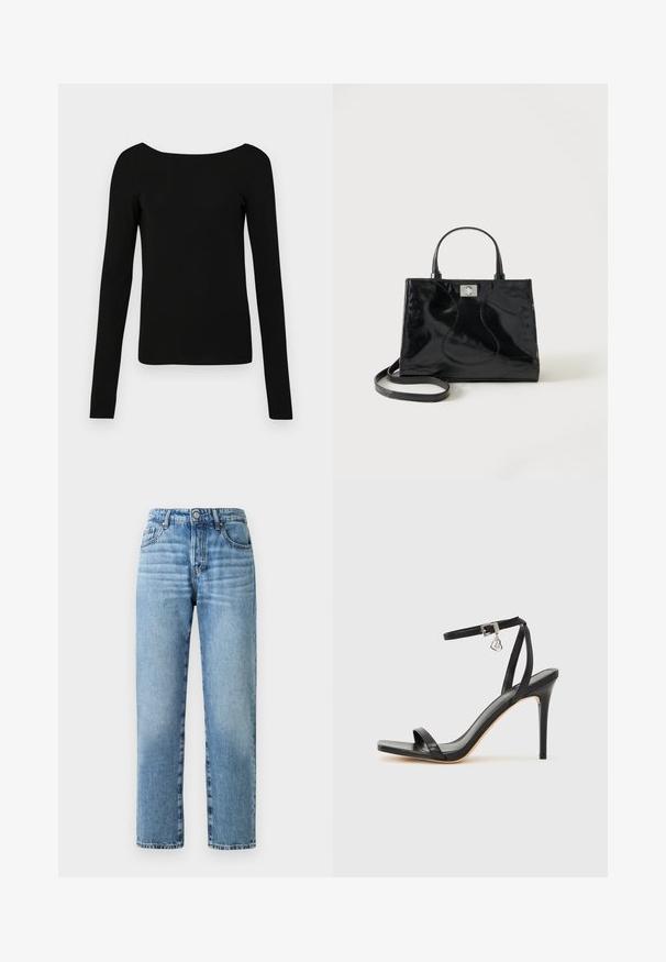 Top negro de manga larga con un escote amplio, diseño ajustado y textura suave. Sin patrones ni herrajes visibles.; Jeans de mezclilla azul claro con un diseño de pierna recta, costuras visibles, cierre de botón y estilo de cinco bolsillos.; Sandalia de tacón alto negra con una estrecha correa en el tobillo, punta cuadrada, material de cuero liso y detalle de hebilla metálica.; Bolso de mano negro de piel patentada con asas redondeadas, una correa de hombro desmontable y cierre de broche plateado sobre un fondo blanco liso.