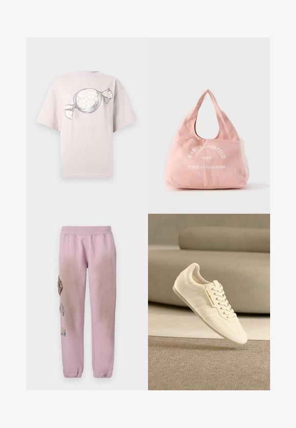 Lyserød bomuld T-shirt med løs pasform, der har et grafik af en slikindpakning i sølv og lyse pastelfarver. Korte ærmer, rund halsudskæring.; Lyserøde sweatpants med elastisk talje, prydet med dekorative patches i diamantform på venstre side og elastiske manchetter ved anklerne.; Lysebeige lædersneaker med tekstureret finish, flade snørebånd og diskret branding, med en strømlinet design og minimalistisk silhuet.; Blød lyserød stoftaske med håndtag, hvid Karl Lagerfeld Paris logo og adressen "21 Rue St-Guillaume" trykt foran.