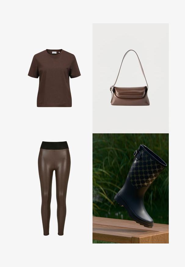 T-shirt marron uni à manches courtes avec col rond, ourlet droit et une étiquette de marque à l'intérieur du col.; Pantalons en simili cuir marron avec une taille haute noire, présentant une finition lisse et brillante et un design ajusté jusqu'à la cheville.; Botte de pluie en caoutchouc noir avec un motif circulaire doré, dotée d'un détail de boucle et d'une semelle texturée, présentée sur une surface en bois.; Sac à bandoulière en cuir marron avec une boucle argentée sur la sangle et un rabat à rabat, présenté sur un fond blanc.