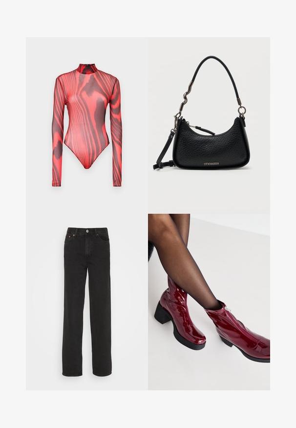 Langærmet bodysuit lavet af gennemsigtigt rødt mesh med sorte tigerstribe mønstre, med høj hals og lynlås lukning bagpå.; Sorte lige jeans med fem lommer, forknap og bæltesløjfer, præsenteret mod en hvid baggrund.; Røde ankelstøvler i patenteret læder med en kraftig sort hæl og lynlåsdetalje. Glat tekstur, elegant design med en rund tå.; Sort tekstureret lædertaske fra Steve Madden med buet toplynlås, kort uregelmæssigt metal- og læderhåndtag samt aftagelig rem.