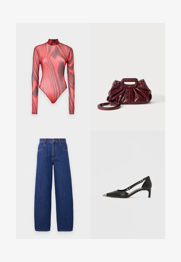 Langarmbody aus durchsichtigem roten Mesh mit schwarzen Tigermuster, mit hohem Kragen und Reißverschlussverschluss auf der Rückseite.; Weite blaue Denim-Jeans mit hoher Taille, vorne mit Taschen und orangefarbener Naht. Der Stoff hat eine glatte Textur mit einem klassischen Finish.; Schwarzer Lederschuh mit Katzenabsatz, spitzer silberner Zehenkappe und doppelten Schnallenriemen vor weißem Hintergrund.; Kleine dunkelrote Ledertasche mit geraffter Textur, rechteckigem Handgriff mit Ausschnitt und abnehmbarem Schulterriemen auf weißem Hintergrund.