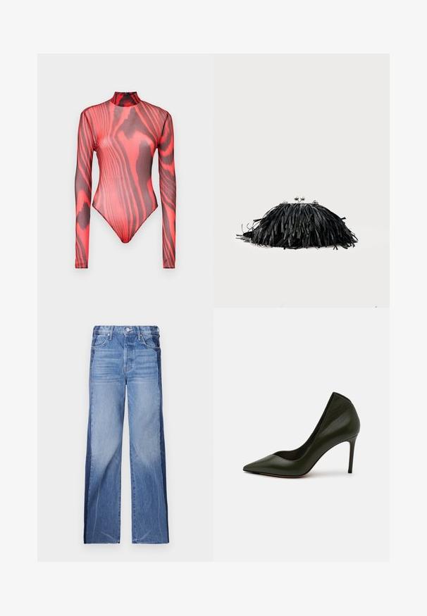 Langærmet bodysuit lavet af gennemsigtigt rødt mesh med sorte tigerstribe mønstre, med høj hals og lynlås lukning bagpå.; Denimjeans med bred bendesign, to-tonet blåt stof med tydelige farveafsnit, mellemhøj talje og standard fem-lomme stil.; Grøn læder højhælet pump med spids tå og en strømlinet silhuet. Glat tekstur og en slank stilettohæl for højden.; Sort clutchtaske med frynser, sølvlukning og kæderem mod en ensartet lys baggrund.