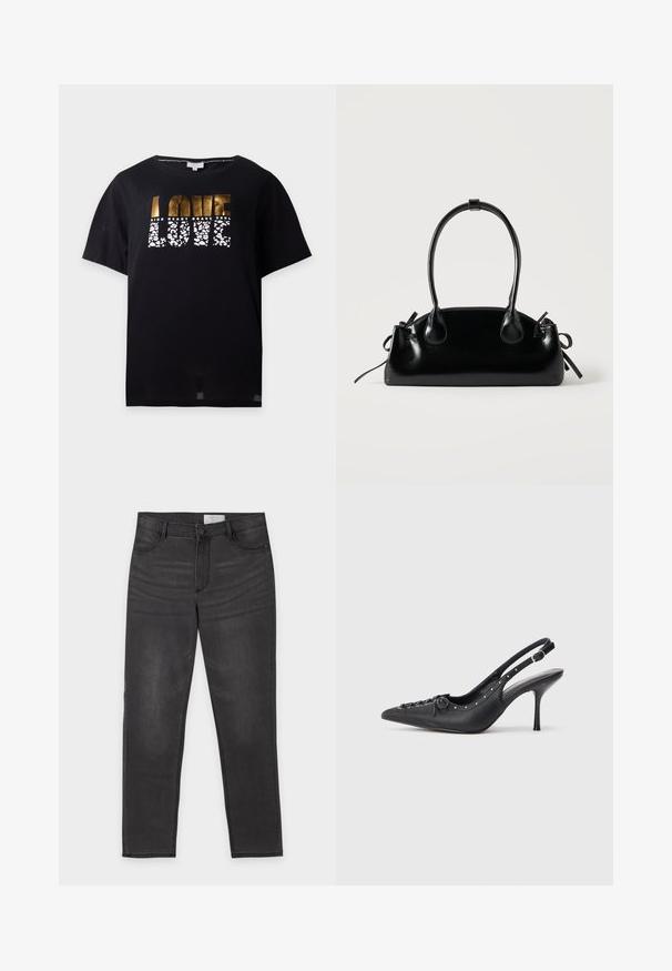 Sort t-shirt med korte ærmer med guld- og hvidt mønstret tekst, der lyder "LOVE" og mindre ord "KIND HEART BRAVE SOUL" ovenover.; Sort denim med lige ben, knap- og lynlåslukning, for- og baglommer samt diskret falming på lårene, lagt fladt på en hvid baggrund.; Sorte læder slingback stiletto med spids tå, side spændebånd, nitter langs kanten og dekorativ snøring foran.; Lille sort blank håndtaske med to lange håndtag og snøre-detaljer i siden på en ensfarvet lys baggrund.