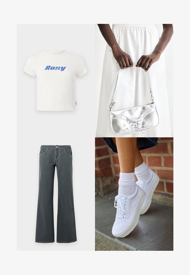 Weißes Baumwoll-T-Shirt mit Rundhalsausschnitt, auf dem ein großes blaues "Roxy"-Logo über der Brust gedruckt ist. Mit kurzen Ärmeln und normaler Passform.; Ausgestellt geschnittene graue Jeans aus Denim mit glatter Textur. Zu den Merkmalen gehören ein Knopfverschluss, Gürtelschlaufen und vordere Taschen.; Weiße Leinensneaker mit Gummisohlen, ausgestattet mit sechs Ösen, runder Zehenpartie und dezenten Nähten, kombiniert mit weißen Knöchelsocken.; Silberne metallische Handtasche mit Schnürdetail, die ein elegantes Design und einen kurzen Tragegurt aufweist. Die Tasche wird in den Händen gehalten und zeigt ihre Textur.