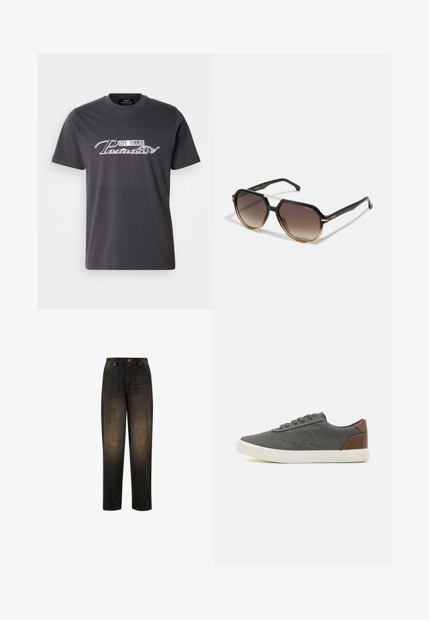 Grå bomulds t-shirt med rund hals, der har et hvidt grafisk print med ordene "CITY SUMMER Paradise" i en stiliseret skrifttype.; Mørk denim jeans med en let falmet finish, der har lige ben, fem lomme-design og metalknap lukning.; Grå lærredssneakers med en hvid gummisål og brunt læderakcent på hælen, med grå snørebånd og subtile syninger.; Sorte og brune gradient solbriller med hexagonale linser og guld accenter på næsebroen, med elegante sorte arme og strukturerede spidser.