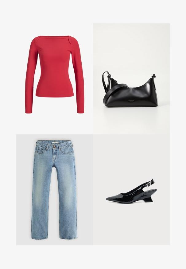 Rød tætsiddende top med lange ærmer, bred firkantet halsudskæring og glat stof, vist på en ensfarvet hvid baggrund.; Lyseblå lige ben jeans lavet af denim, med knaplukning, fem lommer og subtil falmning langs benene.; Sort laklæder slingback sko med spids tå og lav vinklet blokhæl på ensartet lys baggrund.; Sort læderhåndtaske med en glat tekstur. Har en justerbar stropp og et enkelt, minimalistisk design med lynlås.