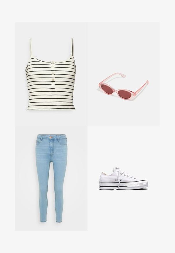 ONLY Petite ONLNESSA SHORT BUTTON - Top - dark blue; Lichtblauwe skinny jeans van denim met een hoge taille, voorzien van een sluiting met een knop en rits aan de voorkant, vijf zakken en subtiele vervaging.; Witte lage canvas sneaker met witte veters, zwarte strepen op de zool en een rubberen, getextureerde neuskap, zijaanzicht op een witte achtergrond.; Roze transparante zonnebril met ovale lenzen, donkerrode tint en slanke pootjes, met een gladde afwerking en subtiele details op het frame.
