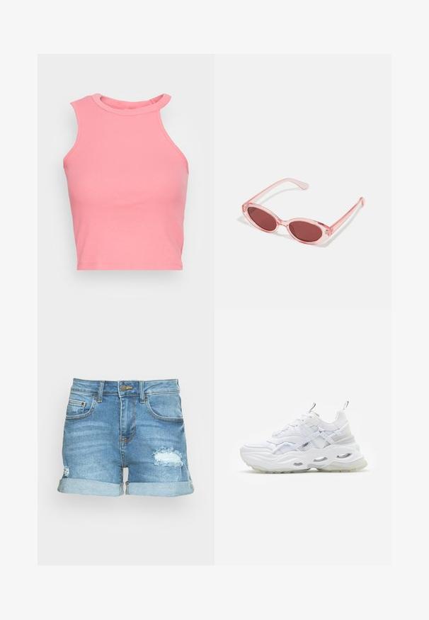 Lyserød ribbet ærmeløs crop top med høj hals; har en tætsiddende form og rene kanter. Blød tekstur, minimale synlige sømme.; Lysblå denimshorts med et slidsermønster. Har opfoldede kanter, front- og baglommer samt en metalknaplukning.; Hvide sneakers med en kraftig sål, lagdelt mesh og syntetisk overdel, med mønstrede detaljer, snøresystem og hæl-dragtag.; Lyserøde transparente solbriller med ovale linser, mørkerød toning og slanke stænger, der har en glat overflade og diskret detaljering på rammen.