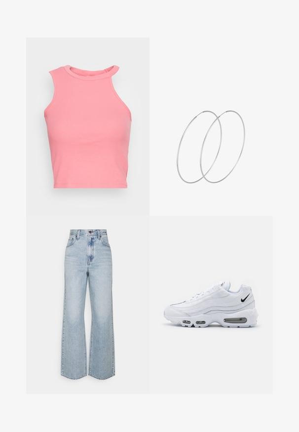 Roosa ribaga ilma varrukateta crop top kõrge kaelusega; sellel on sobiv kuju ja puhtad servad. Pehme tekstuur, minimaalsed nähtavad õmblused.; Heledad sinine teksariie laiad püksid, millel on kõrge vöökoht, klassikaline viie tasku disain ja kontrastne niit. Tootmisprotsessist tulenev töötlemata serv alumises osas.; Nike Sportswear AIR MAX 95 - Tossud - white/black; Hõbedased rõngastikkaehingad minimalistlikus disainis. Ümar kuju, sile tekstuur ja õhuke profiil. Kerged ning poleeritud viimistlusega.