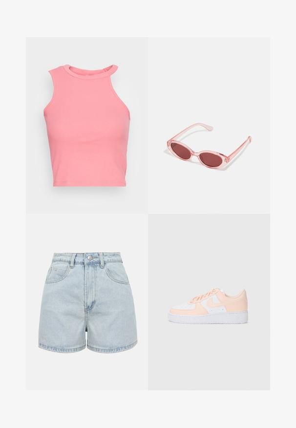 Vaaleanpunainen ribbineuleinen hihaton crop-top, jossa on korkea kaulus; sisältää tiukan muodon ja siistit reunat. Pehmeä tunne, vähän näkyviä saumoja.; Vaaleansiniset korkeavyötäröiset farkkushortsit, joissa on edessä nappi, vetoketju ja kaksi etutaskua yksivärisellä taustalla.; Nike Air Force 1 -tennisit sisältävät valkoisen nahkapinnan, jossa on pehmeitä vaaleanpunaisia yksityiskohtia. Kumipohja on uurrettu paremman pidon saavuttamiseksi. Klassinen muotoilu ja nauhallinen sulku.; Vaaleanpunaiset läpinäkyvät aurinkolasit, joissa on soikeat linssit, tumma punainen sävy ja hoikat sankarit. Kehyksissä on sileä pinta ja hienovaraista yksityiskohtaisuutta.