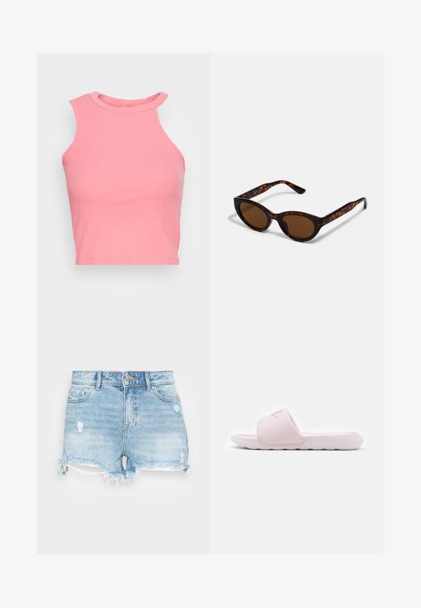 Top court sans manches rose à côtes avec un col haut ; présente une coupe ajustée et des bords nets. Texture douce, coutures minimales visibles.; Shorts en denim bleu clair avec une finition usée, un ourlet effiloché et un design classique à cinq poches. Comprend une fermeture à bouton en métal.; Sandale en slide rose avec une semelle en caoutchouc flexible, une lanière rembourrée et un design minimaliste. Présente un logo sur la lanière et une texture lisse.; Lunettes de soleil en écaille de tortue marron avec une forme vintage de lunettes cat-eye et des verres marron. Présente des branches courbées avec des accents rouges.