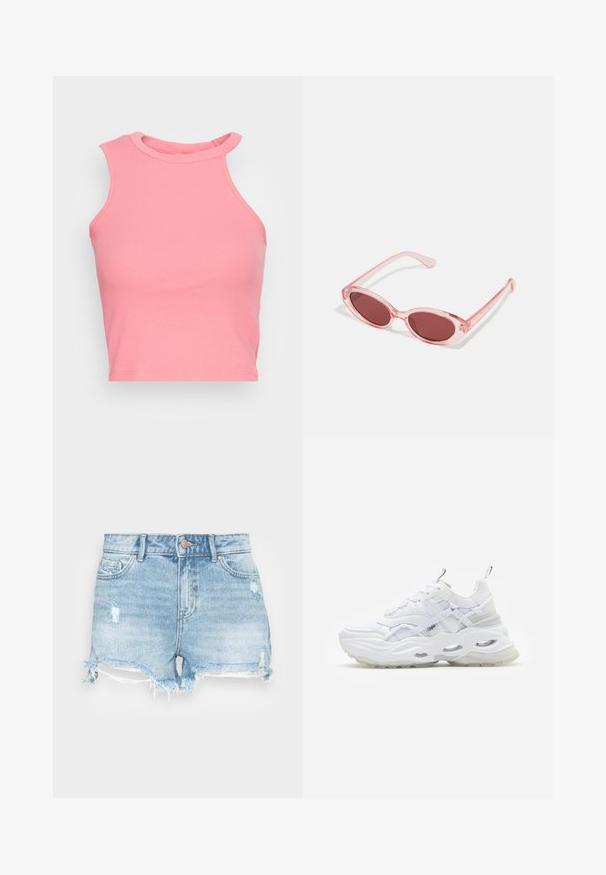 Lyserød ribbet ærmeløs crop top med høj hals; har en tætsiddende form og rene kanter. Blød tekstur, minimale synlige sømme.; Denimshorts i lyseblå med en distressed finish, frynset kant og klassisk fem-lomme design. Har en metal knaplukning.; Hvide sneakers med en kraftig sål, lagdelt mesh og syntetisk overdel, med mønstrede detaljer, snøresystem og hæl-dragtag.; Lyserøde transparente solbriller med ovale linser, mørkerød toning og slanke stænger, der har en glat overflade og diskret detaljering på rammen.