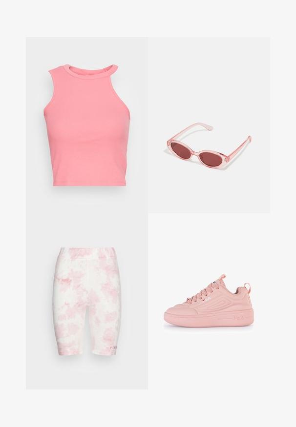 Lyserød ribbet ærmeløs crop top med høj hals; har en tætsiddende form og rene kanter. Blød tekstur, minimale synlige sømme.; FUBU CORPORATE TIEDYE CYCLING - Shorts - pink; Rosa sneaker med en glat syntetisk overdel, rund tådesign, teksturerede detaljer og en tyk platformsål. Indeholder snørebånd og logo detalje.; Lyserøde transparente solbriller med ovale linser, mørkerød toning og slanke stænger, der har en glat overflade og diskret detaljering på rammen.