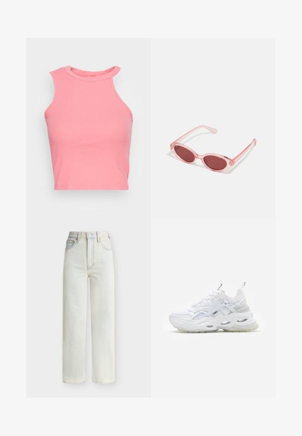 Ružový rebrovaný bezrukávový crop top s vysokým výstrihom; má priliehavý tvar a čisté okraje. Mäkká textúra, minimálne viditeľné švy.; Džínsy s vysokým pásom a rovnými nohavicami v svetlomodrom prevedení s predným zapínaním na gombík, zipsom a piatimi vreckami.; Biele tenisky s masívnou podrážkou, vrstveným sieťovinovým a syntetickým zvrškom, s vzorovanými akcentmi, systémom šnurovania a poutkom.; Ružové priehľadné slnečné okuliare s oválnymi šošovkami, tmavočerveným tónovaním a štíhlymi ramenami, so hladkým povrchom a jemnými detailmi na ráme.
