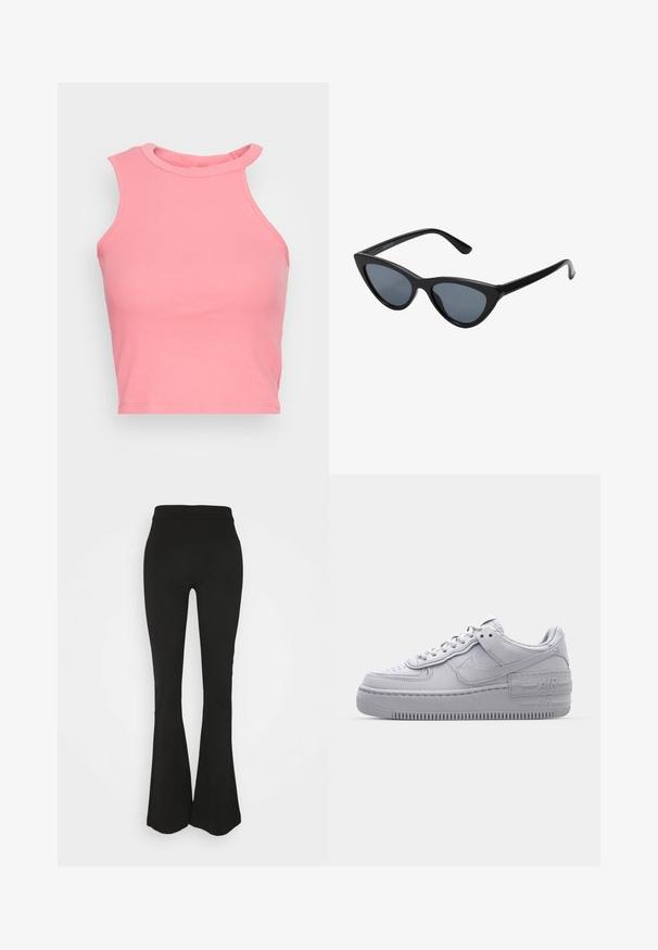 Top court sans manches rose à côtes avec un col haut ; présente une coupe ajustée et des bords nets. Texture douce, coutures minimales visibles.; Leggings noires évasées avec une texture lisse, une taille haute et une silhouette ajustée, s'élargissant en un design évasé au niveau de la cheville.; Basket en cuir lisse gris Nike Air Force 1 avec un bout perforé, une semelle épaisse et un détail 'AIR' en relief sur le talon.; Lunettes de soleil noires en forme d'œil de chat avec des verres gris foncé, monture en plastique élégante, coins pointus et branches droites. Pas de métal visible ni d'accents.
