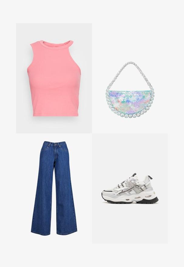 Vaaleanpunainen ribbineuleinen hihaton crop-top, jossa on korkea kaulus; sisältää tiukan muodon ja siistit reunat. Pehmeä tunne, vähän näkyviä saumoja.; Vaaleansiniset leveälahkeiset farkut, joissa on korkea vyötärö, kontrastiväriset ompeleet ja klassinen viisi taskua sisältävä muotoilu.; Valkoinen ja harmaa urheilukenkä, jossa on verkko- ja synteettisiä materiaaleja, paksu pohja, suuri musta kulutuspinta ja nauhallinen muotoilu, jossa on korostuksia.; Puoli-kuun muotoinen käsilaukku, joka on koristeltu vaaleanpastellisilla hohtavilla päähineillä, ja päälliosassa on rivi kirkaita kristallikoristeita.