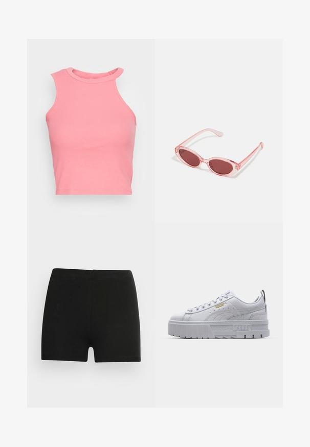 Top court sans manches rose à côtes avec un col haut ; présente une coupe ajustée et des bords nets. Texture douce, coutures minimales visibles.; Shorts en coton noir au design ajusté et à taille élastique. Texture lisse, longueur mi-cuisse, sans motifs ni accents visibles.; Baskets plateformes blanches avec une tige en cuir lisse, un col rembourré, une semelle en caoutchouc grise et des accents dorés arborant le logo Puma.; Lunettes de soleil transparentes roses avec des verres ovales, teintés d'un rouge foncé, et des branches fines, présentant une finition lisse et des détails subtils sur la monture.