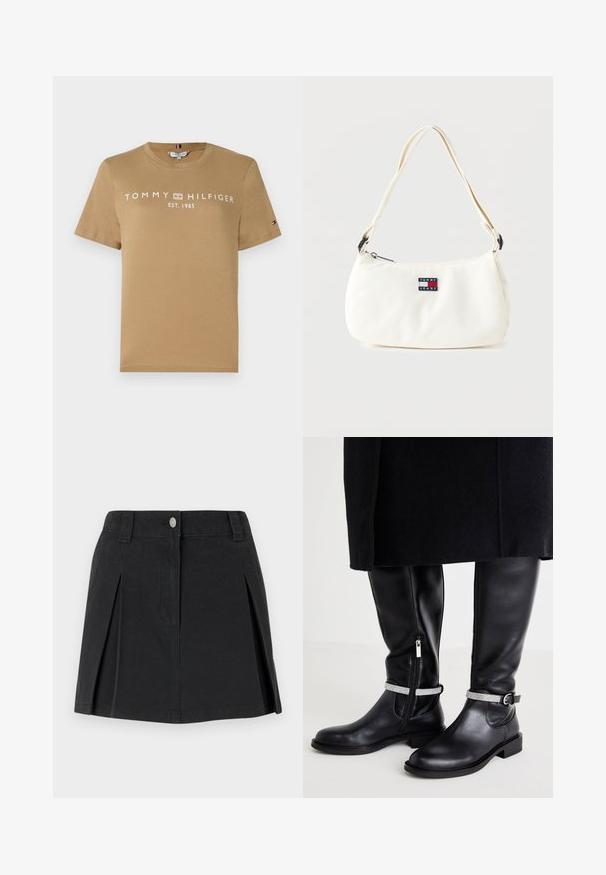 Brun bomulds t-shirt med korte ærmer, forsynet med "TOMMY HILFIGER EST. 1985" trykt i hvid. Lille logo detaljeret på ærmet.; Sort denimskørt med folder, præget af knaplukning foran, bæltesløjfer og sidelommer. Glat tekstur og skræddersyet design.; Sorte læderknæhøje støvler med en sidelukning, der har et sølvfarvet accentbånd om anklen og en lav blokhæl.; Hvid skuldertaske med justerbar rem og Tommy Jeans logo patch foran, mod en ensfarvet baggrund.