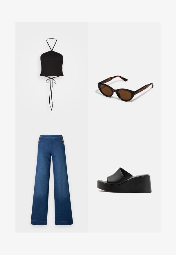 Pieces PCKUPA CROPPED - Débardeur - black; Pantalon en denim bleu foncé à jambes larges. Il présente un devant plat avec cinq boutons dorés pour la fermeture. Texture lisse avec une finition classique.; Sandales à talons compensés en cuir noir avec un dessus lisse et un talon plateforme, présentant un design minimaliste et une finition légèrement texturée.; Lunettes de soleil en écaille de tortue marron avec une forme vintage de lunettes cat-eye et des verres marron. Présente des branches courbées avec des accents rouges.